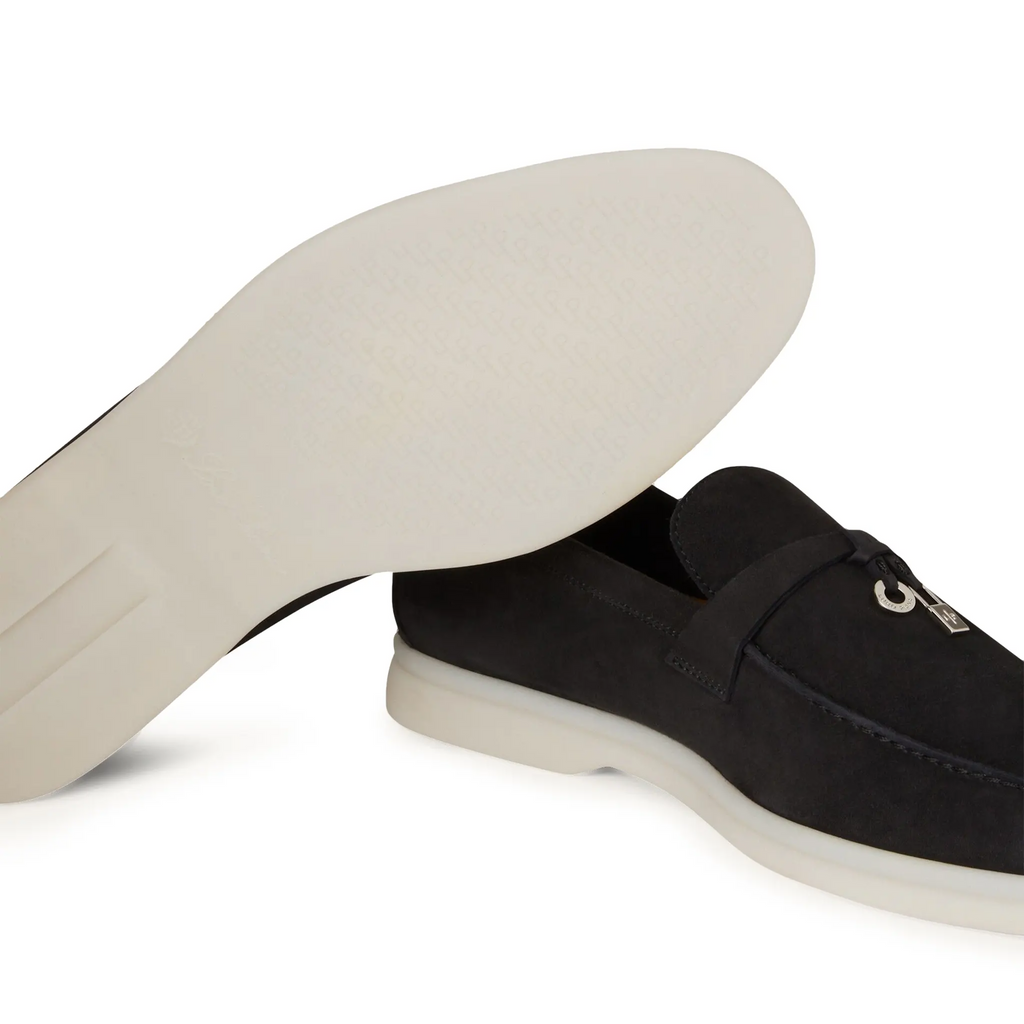Loro Piana Summer Charms Walk Suede Caviar Loafers - Black